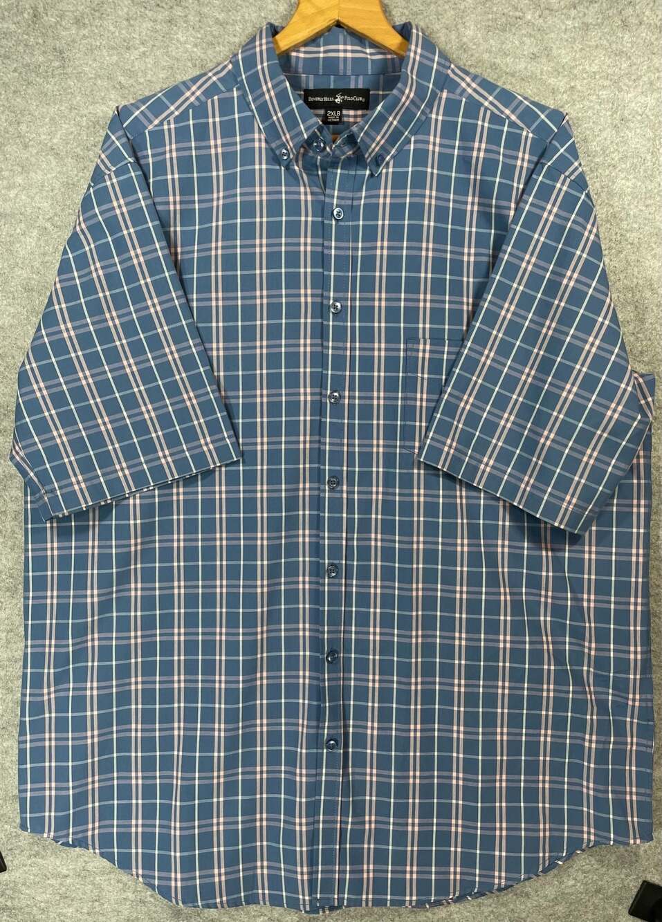 Beverly Hills Polo Club Men's 2XLB Blue Plaid Short Sleeve Button-Up Shirt - Picture 2 of 9